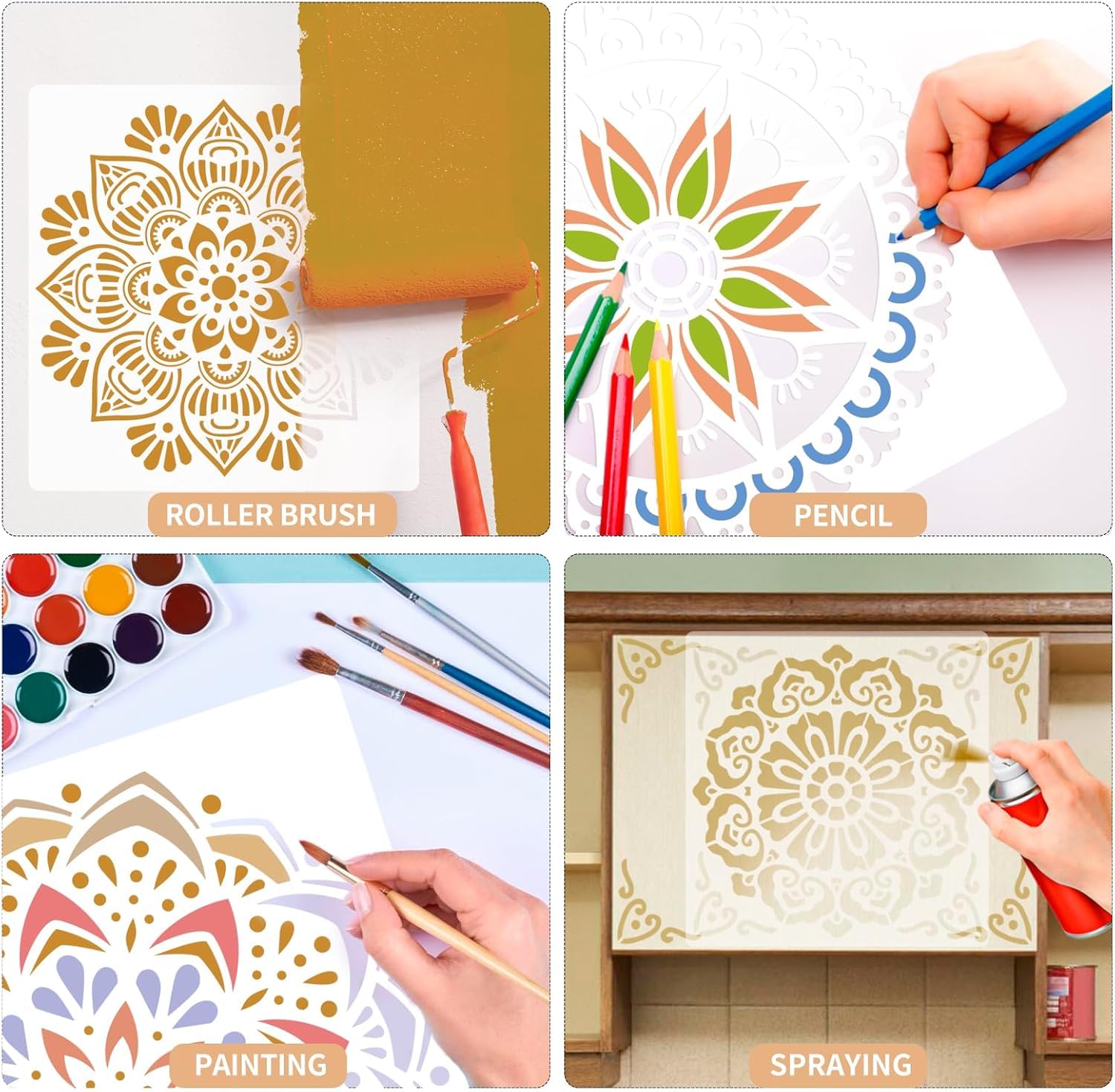 4 Pcs Large Mandala Stencils for Painting – Reusable DIY Craft Templates, Floral and Flower Stencil Designs for Wall