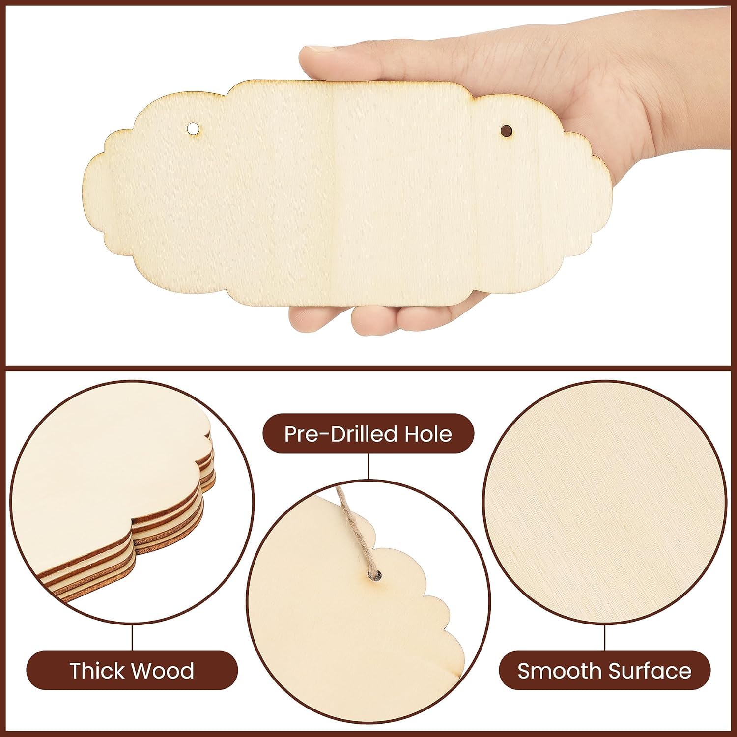24 Pack of Assorted Blank Unfinished Wood Plaques - Wooden Plywood Craft Cutouts with Hanging Rope