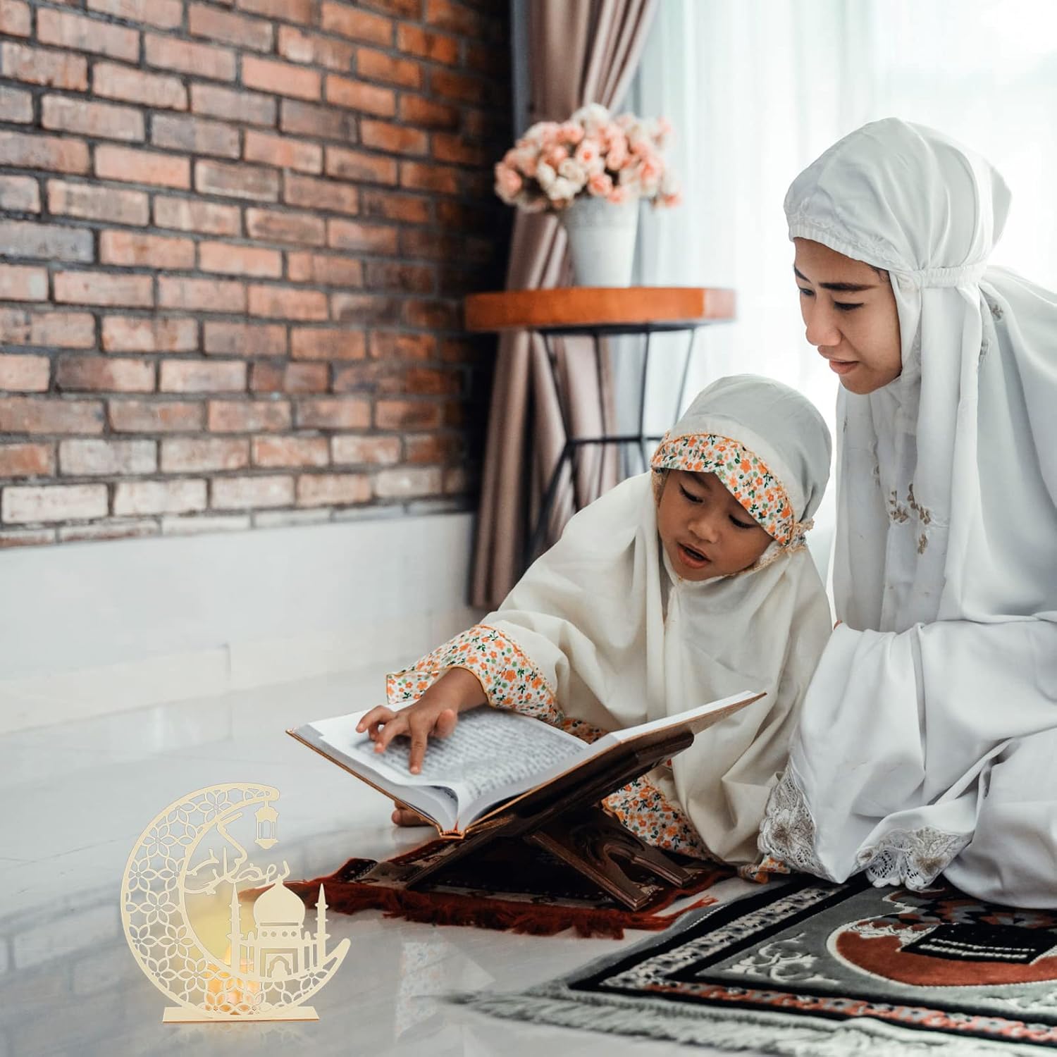 Eid Crafts Night Light Ramadan Mubarak Wooden Moon Lamp | Pine MDF Islamic Table Decor Light for Eid Al-Fitr Ramadan | Muslim Home Decoration Night Lamp | 5.8 x 5.5 Inch