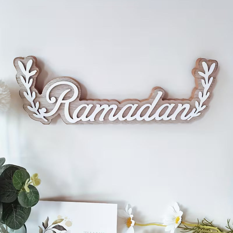 Ramadan Mubarak Wooden Tabletop Sign Pine MDF | Islamic Eid Decoration Letter Ornament | Ramadan Mubarak Table Sign for Home Room Decor | Hangable & Freestanding Eid Mubarak Decor 11.61 x 3.9 Inch