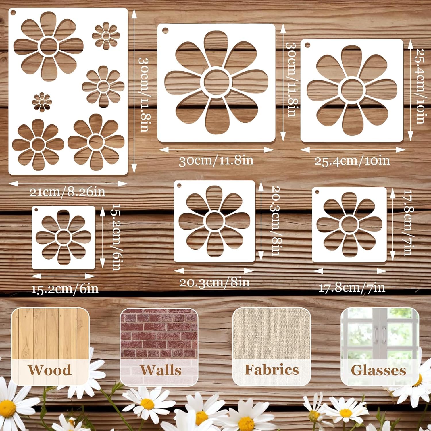 6Pcs Daisy Flower Stencils for Painting – 11.8 Inch Large Reusable Plastic Stencil Templates for Wood, Wall, Fabric, DIY Crafts, Canvas, Furniture, Fence, Home Art & Décor