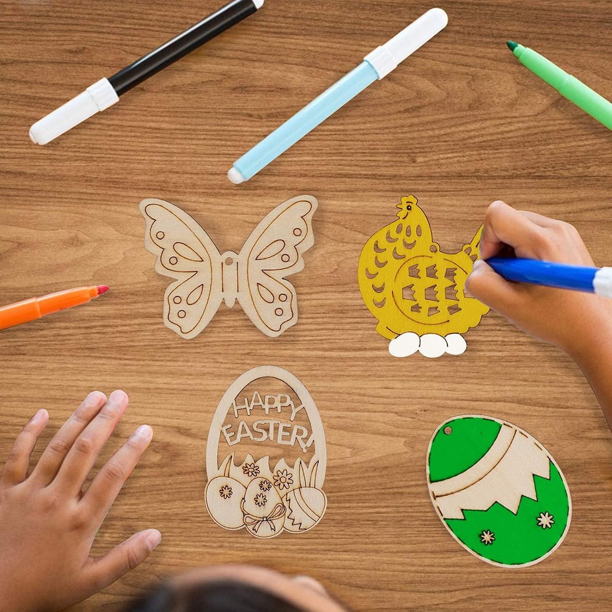 Haoser 12PCS Easter Wood Cutouts for Crafts Easter Unfinished Ornaments DIY with Bunny to Paint for Kids Easter Party Decorations Decor Hanging Egg Shapes with Hole. - Haoser