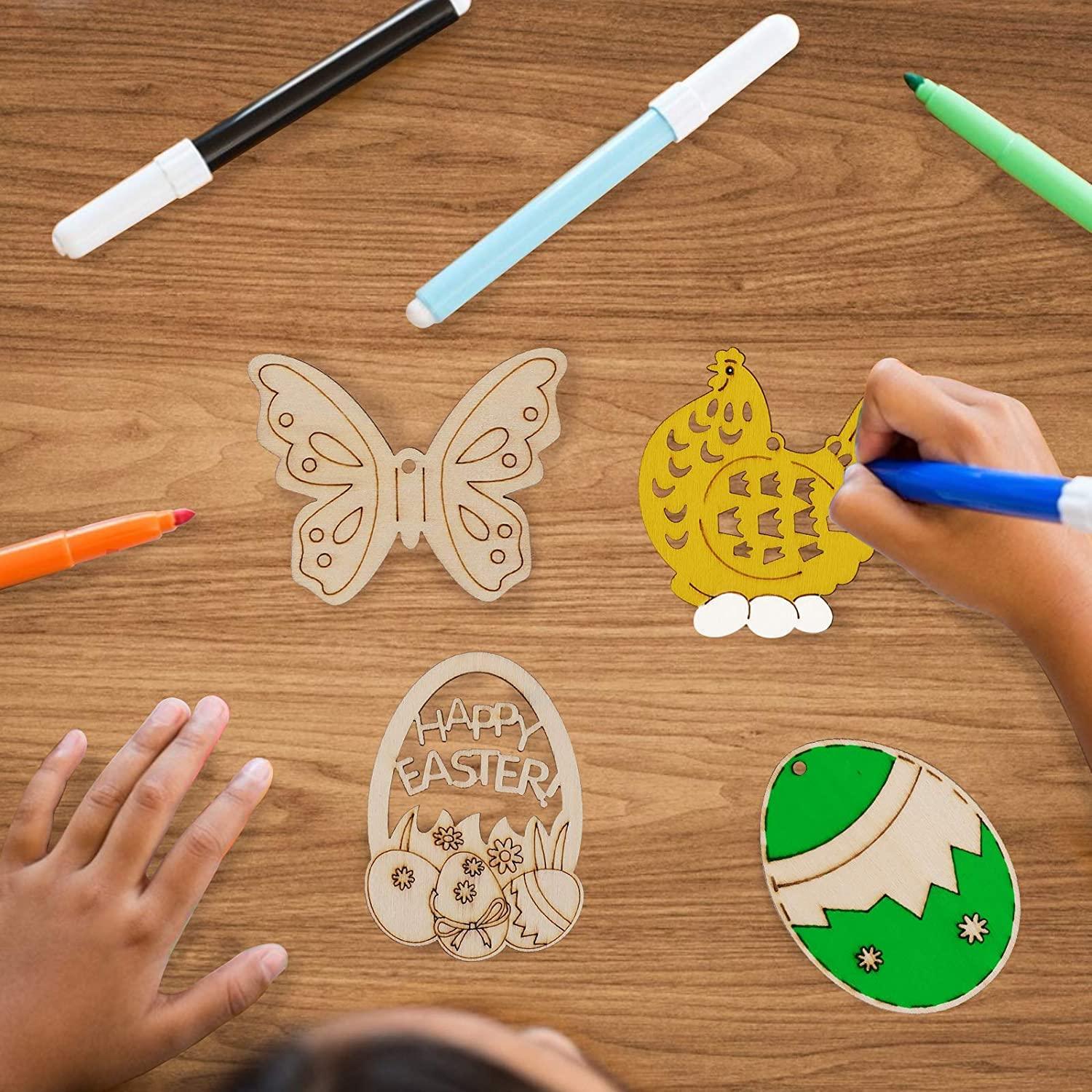Haoser 12PCS Easter Wood Cutouts for Crafts Easter Unfinished Ornaments DIY with Bunny to Paint for Kids Easter Party Decorations Decor Hanging Egg Shapes with Hole. - Haoser