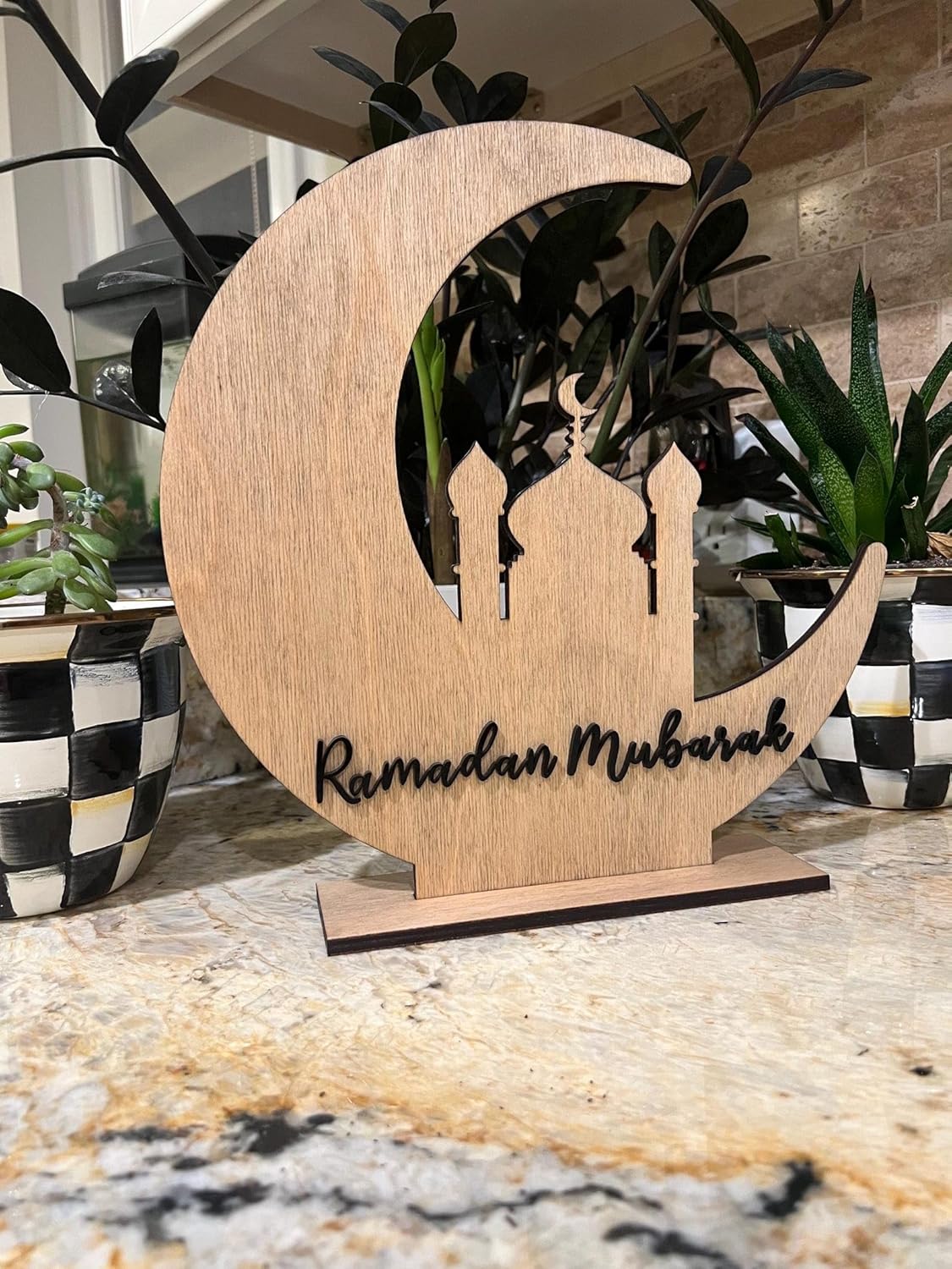 Ramadan Mubarak Wooden Table Decor | Islamic Crescent Moon Mosque Design | Wooden Ramadan Home Decoration