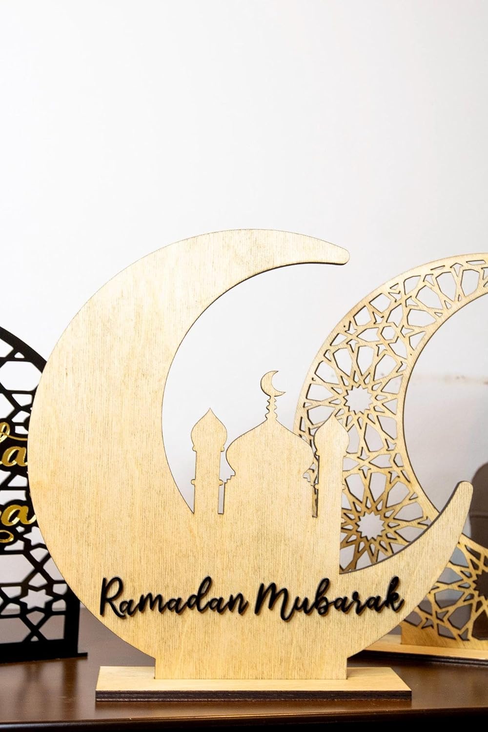 Ramadan Mubarak Wooden Table Decor | Islamic Crescent Moon Mosque Design | Wooden Ramadan Home Decoration