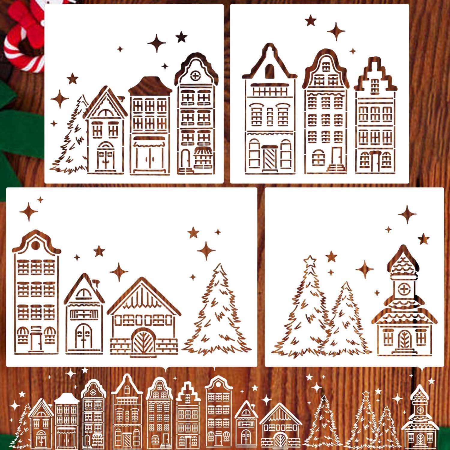 4 Pcs Christmas Window Stencils | Large Reusable Xmas Village House