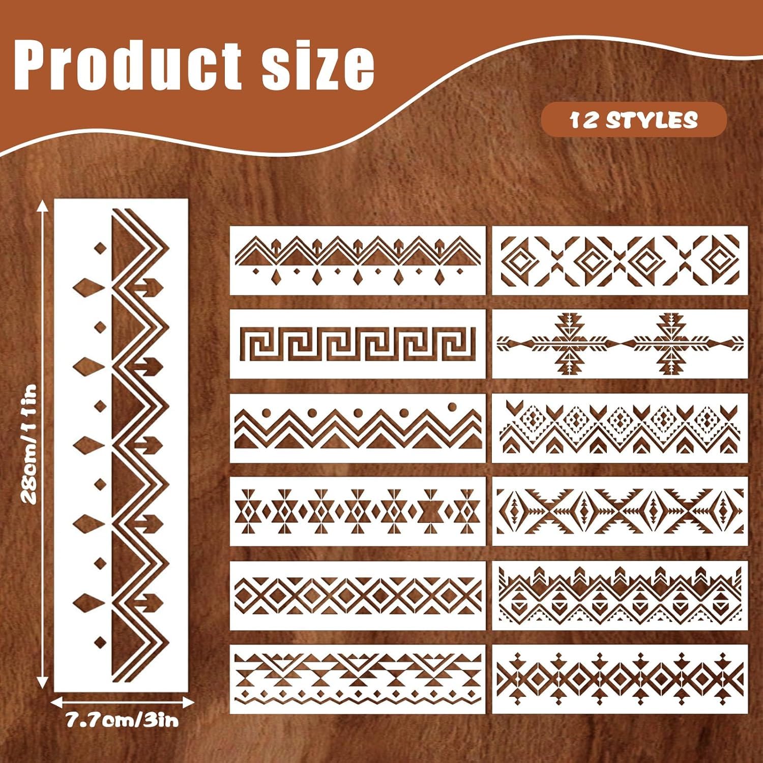 12 Pcs Boho Borders Pattern Stencil – Reusable Aztec Geometric Stencils for Painting