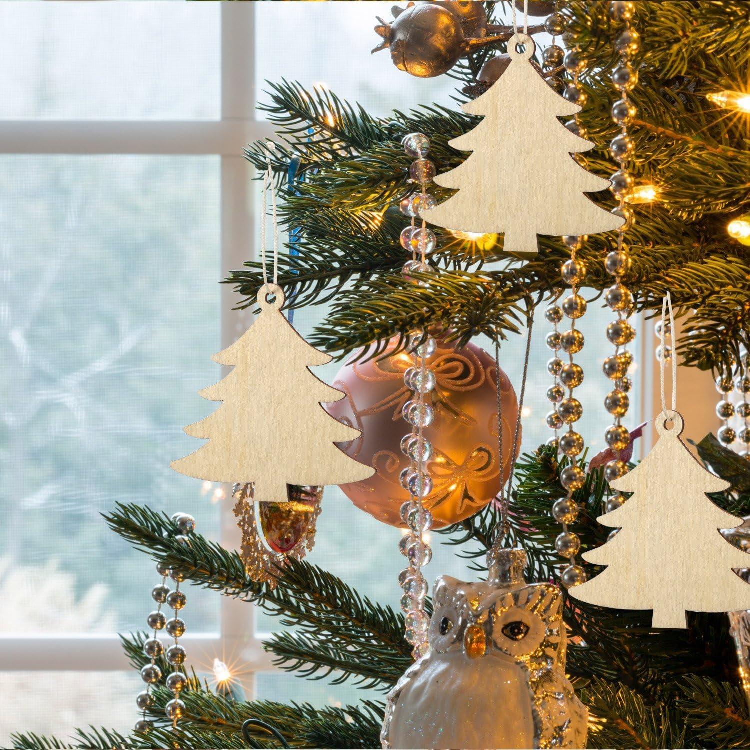Haoser 12 Pieces Wooden Christmas Tree Cutouts Crafts Embellishments Unfinished Christmas Tree Hanging Ornaments Blank Christmas Tree Wood Cutouts Slice - Haoser