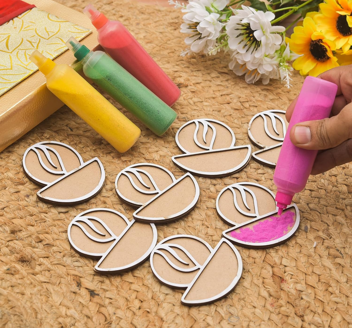Pack of 12 Wooden Diwali Craft Cutouts – 2.7mm Pine MDF Swastik, Lotus, Feet & Diya Shapes for DIY Painting, Home Temple Wall Hanging, Festive Wedding Decoration & Rangoli Borders (3x3 Inch)