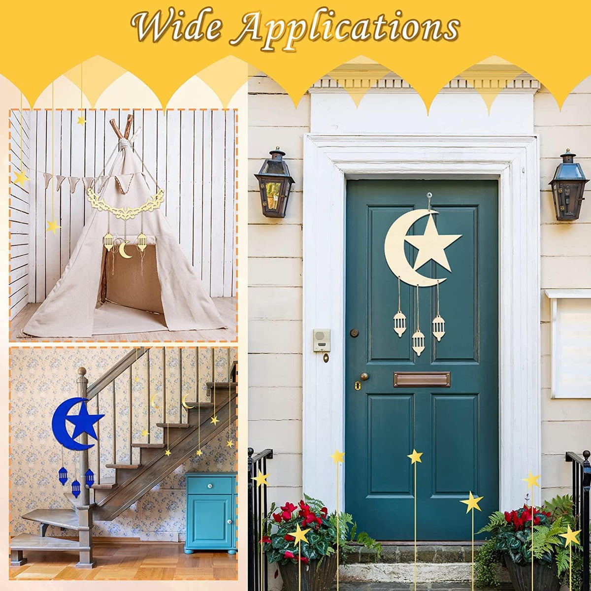 Haoser Illuminate Your Celebrations: Haoser 2-Piece Eid Mubarak Wooden Ornaments - Moon and Stars Decorations for Ramadan Kareem Eid Mubarak Home Decor Party Supplies - Haoser