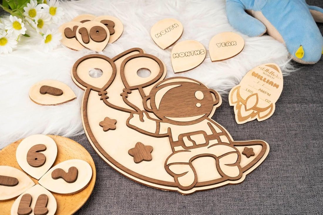 Wooden Baby Milestone Cards Astronaut Theme | 10 x 7 Inch Moon Baby Milestone Photo Prop
