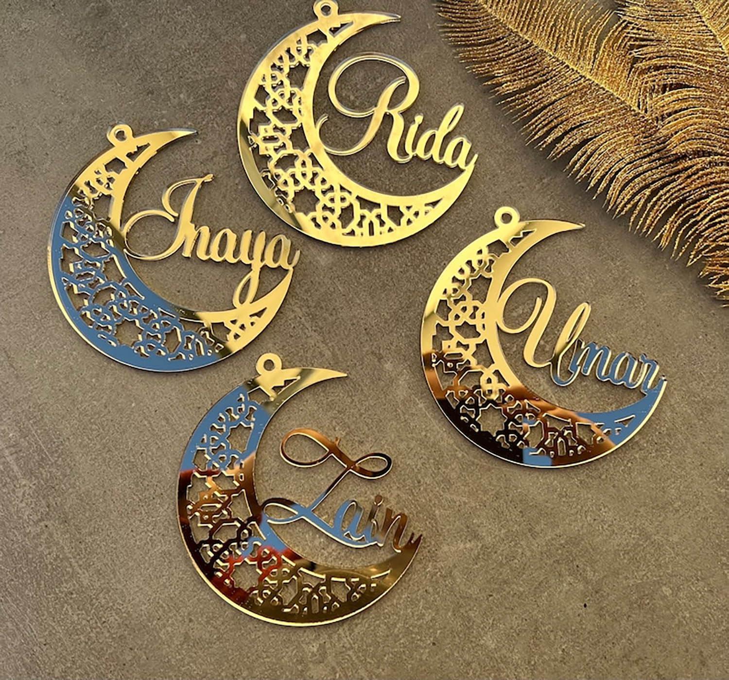 Curious Button Wooden Ramadan Moon Custom Name Eid decors, Mubarak sign, Ramadan sign, Eid Moon Custom Text Ramadan Gift (25cm) - Haoser