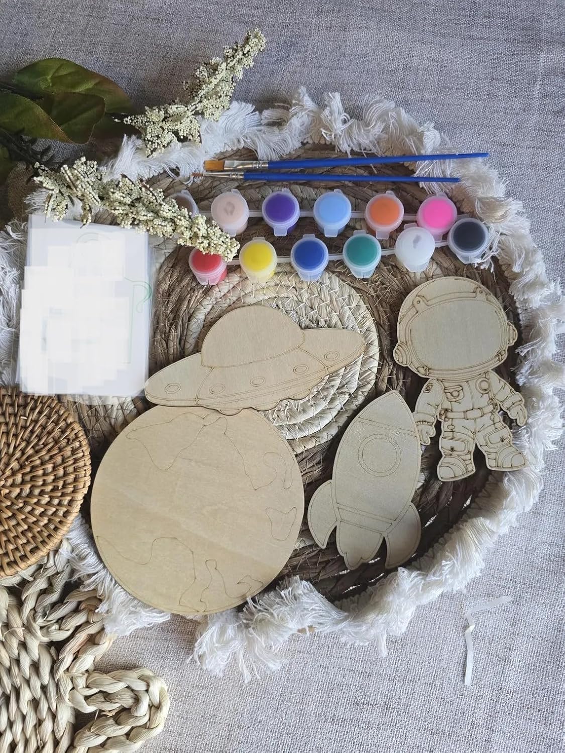 Pack of 4 DIY Astronaut Coloring Kit | Wooden Space Craft Paint Kit for Kids | Includes Astronaut, Earth, Spaceship Shapes, Acrylic Colors & Brush | Fun STEM Art Gift for Children (4 Inch)