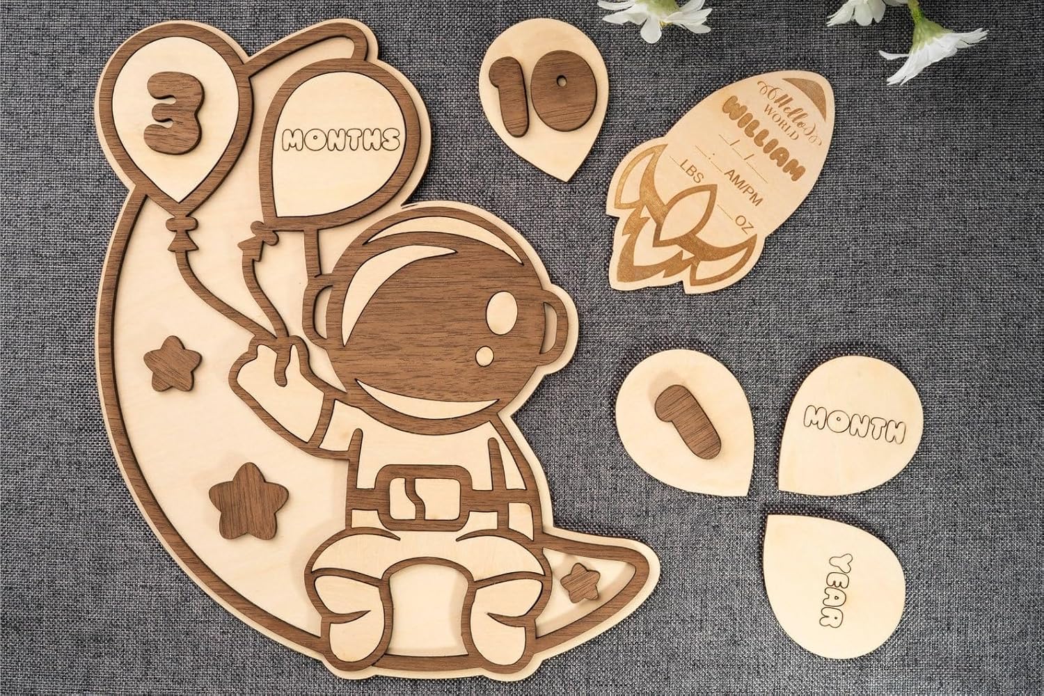 Wooden Baby Milestone Cards Astronaut Theme | 10 x 7 Inch Moon Baby Milestone Photo Prop