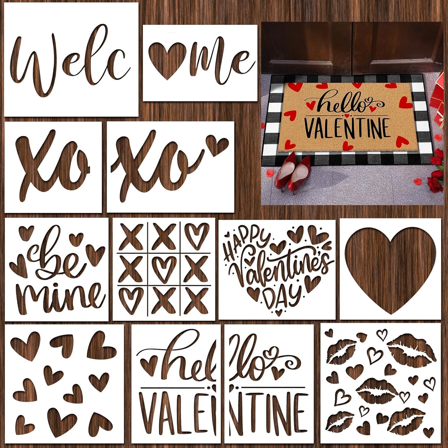 12 Pcs Large Valentine’s Day Stencils for Door Mats – Reusable Welcome Love & Heart Templates