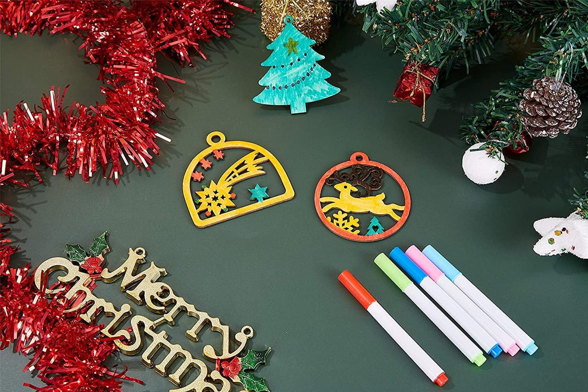 Haoser 20pcs Unfinished Wooden Hanging Ornaments for Christmas Decorations,5 Styles DIY Wood Slices with Holes for Kids Crafts Centerpieces Holiday Hanging Decorations