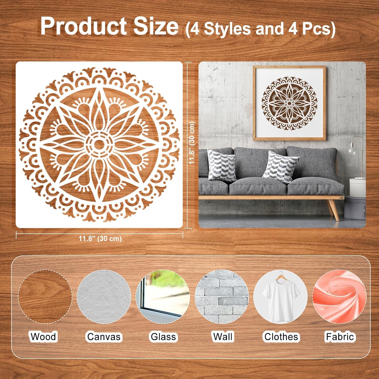 4 Pcs Large Mandala Stencils for Painting – Reusable DIY Craft Templates, Floral and Flower Stencil Designs for Wall