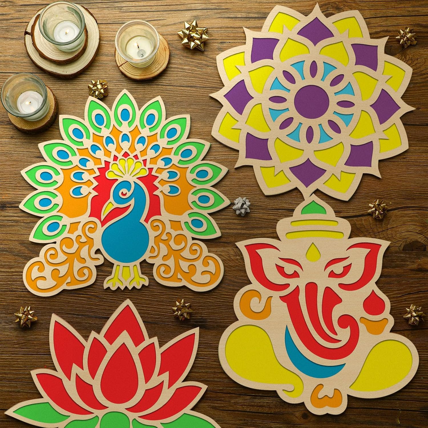 4 Pcs Wooden DIY Rangoli Stencils 11.8 Inch – Mandala, Lotus, Elephant, Peacock Templates for Diwali Decoration