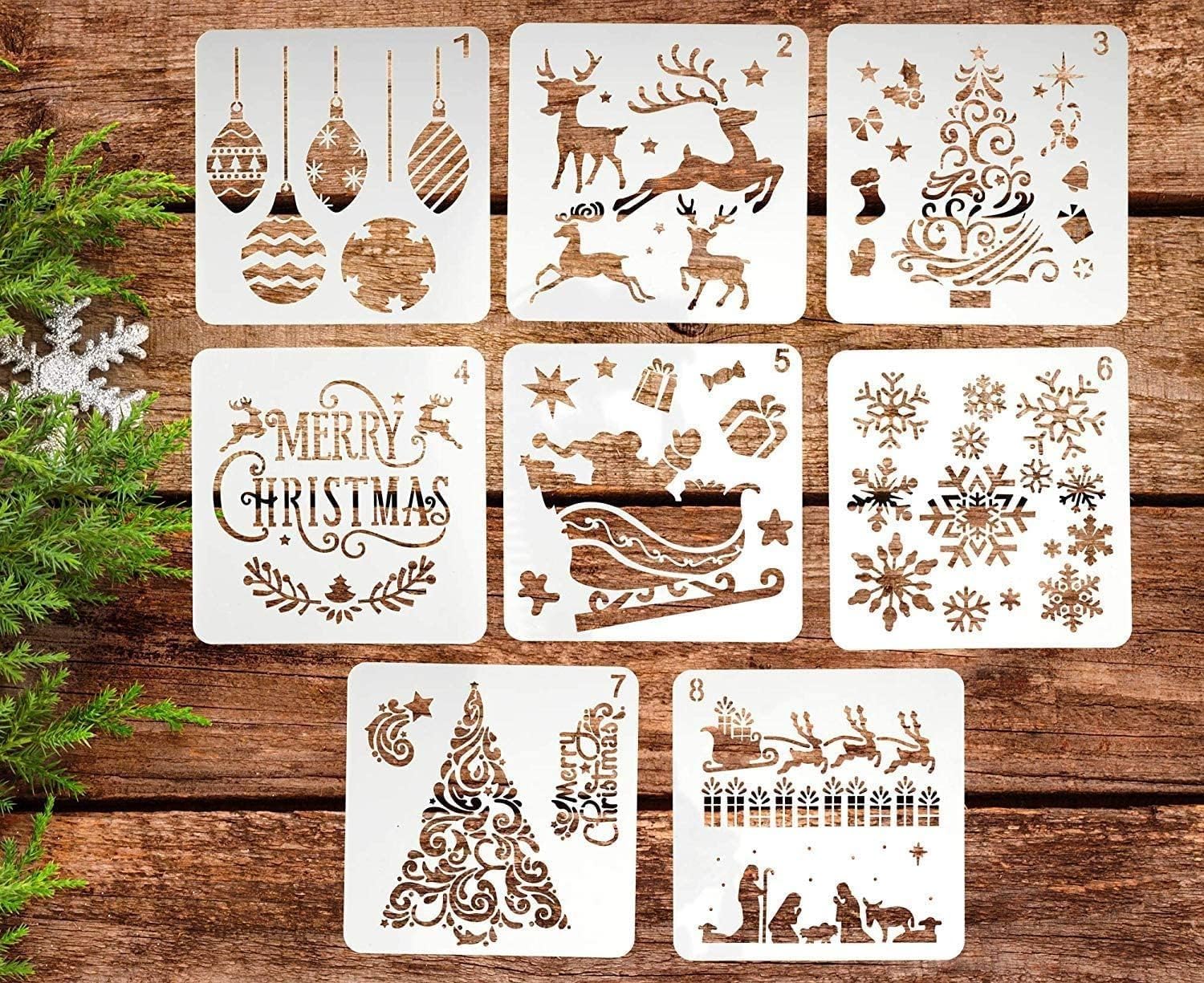 8 Pcs Christmas Plastic Stencils Template | Reusable Craft Stencils for Painting on Wood, Walls, Door & Window Spraying