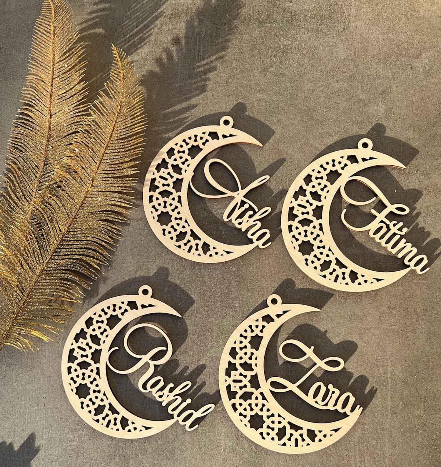 Curious Button Wooden Ramadan Moon Custom Name Eid decors, Mubarak sign, Ramadan sign, Eid Moon Custom Text Ramadan Gift (25cm) - Haoser