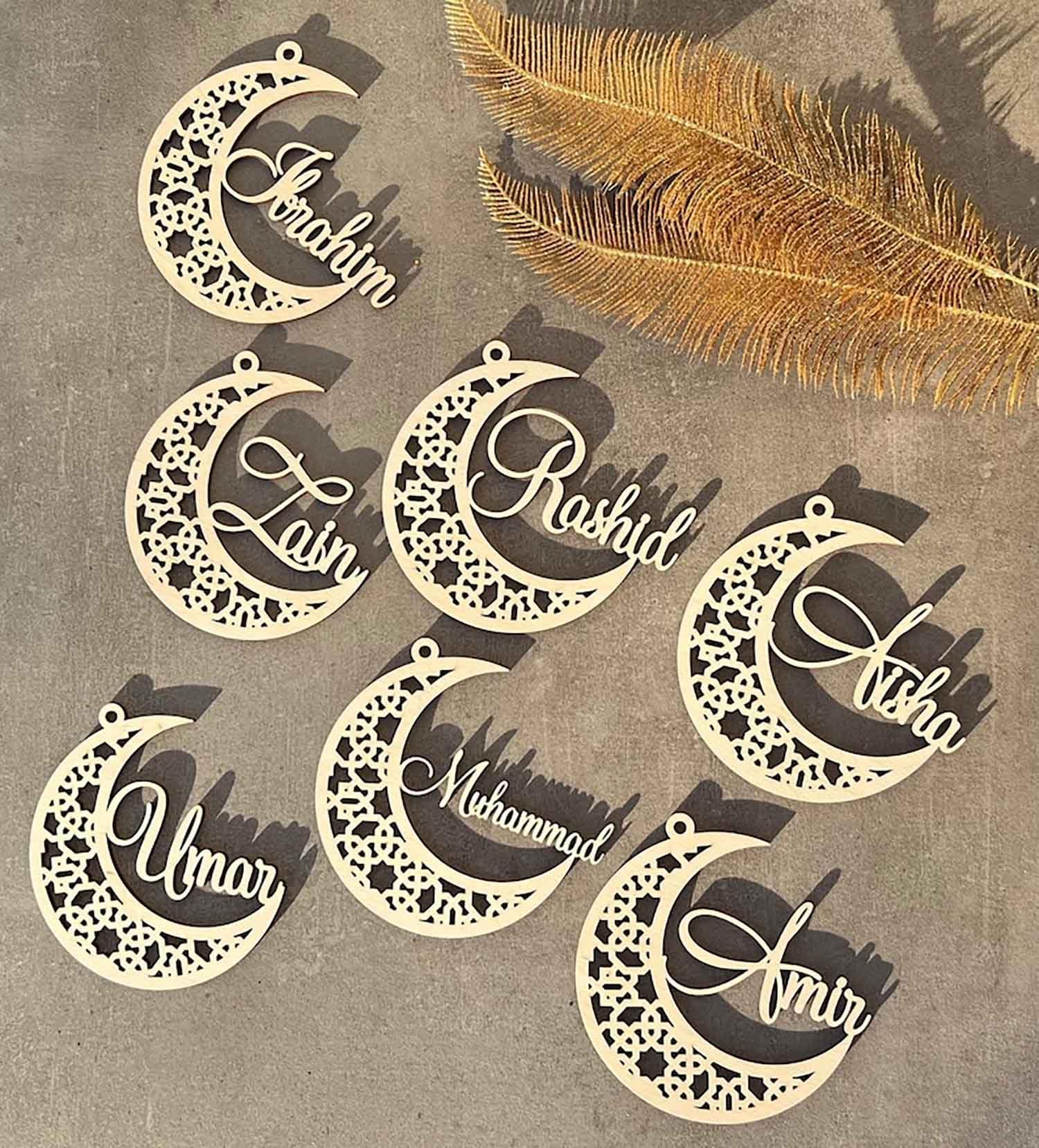 Curious Button Wooden Ramadan Moon Custom Name Eid decors, Mubarak sign, Ramadan sign, Eid Moon Custom Text Ramadan Gift (25cm) - Haoser