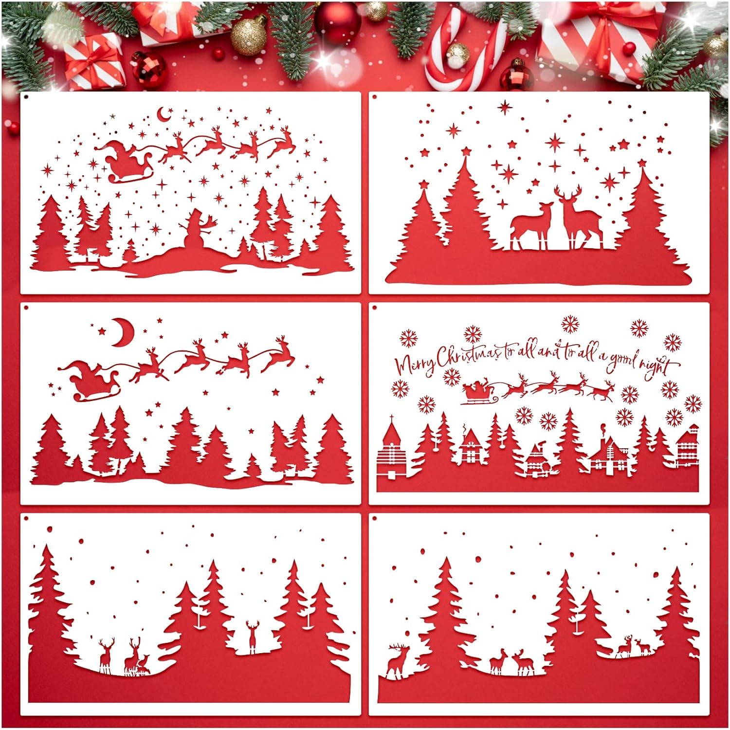 6 Pcs Christmas Window Stencils | Reusable Winter Scene, Forest Pine & Reindeer Templates
