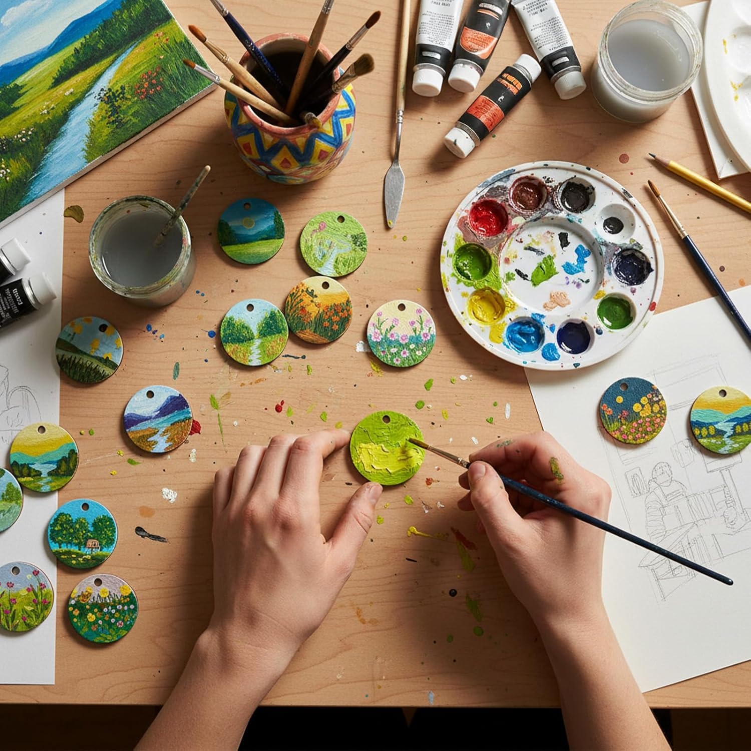 100 Pcs Blank Wooden Round Discs,1 Inch Unfinished Wooden Circles with Holes