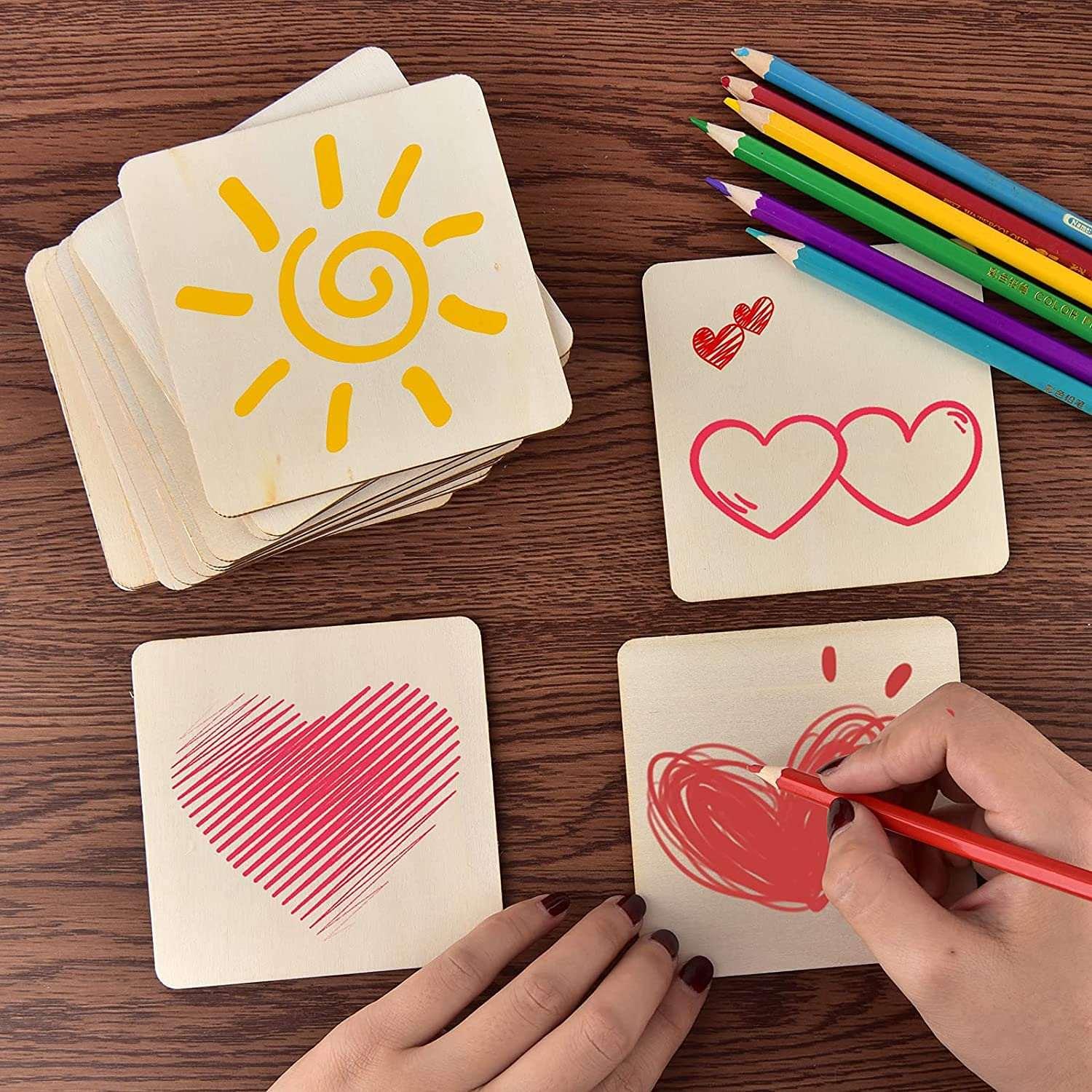 Haoser 50 Pieces 3 Inches Unfinished MDF Pieces Square Blank Round Corners Pine MDF Sheets for DIY Arts Craft Project, Square Shape Blank Pieces for Your Creativity - Haoser