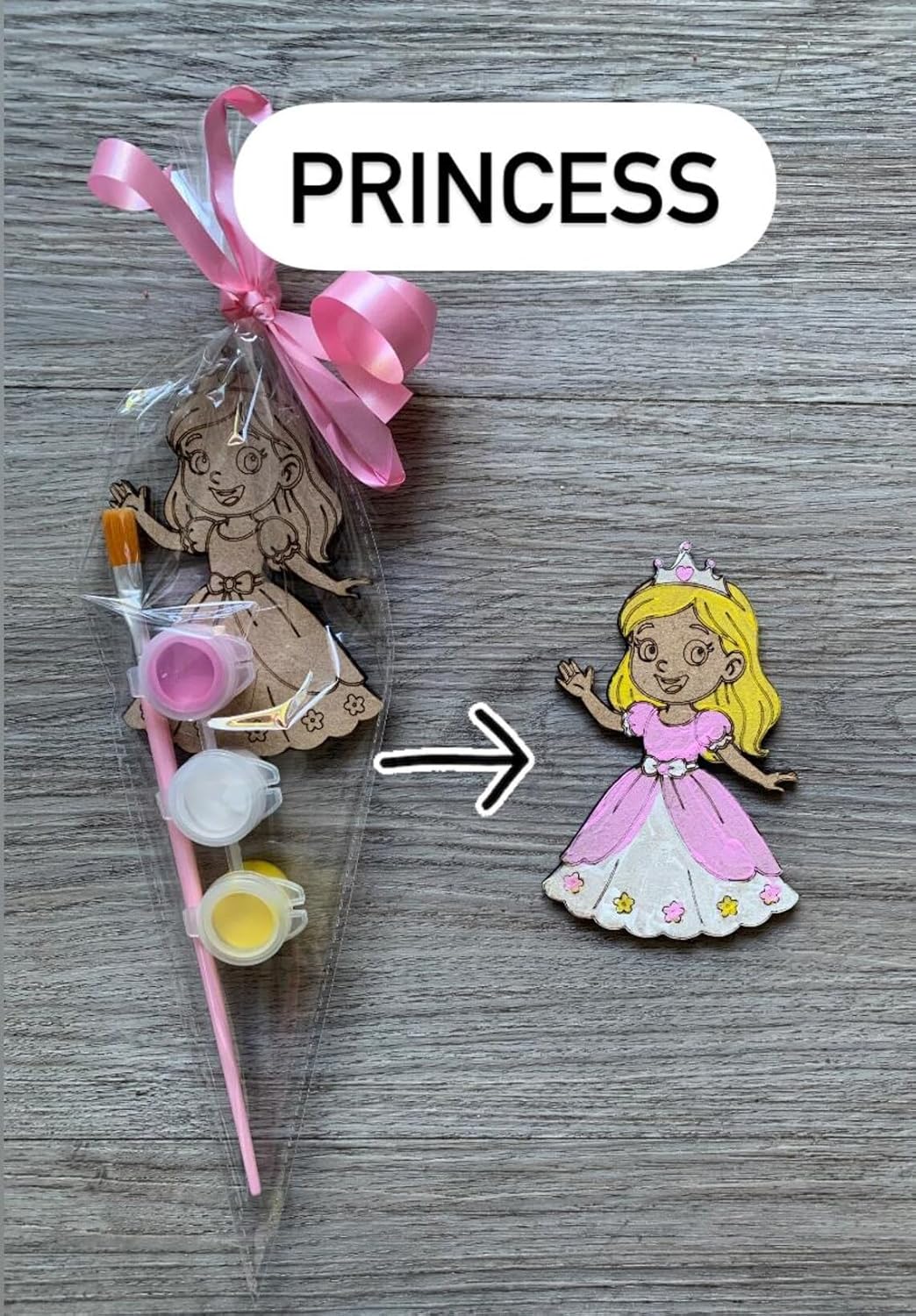 Pack of 4 Paint Your Own Princess or Prince Cone Kit | DIY Party Bag Filler | Return Gift for Kids | Princess Birthday Favour | Wooden MDF Craft Set with Paints & Brush | 4 Inch