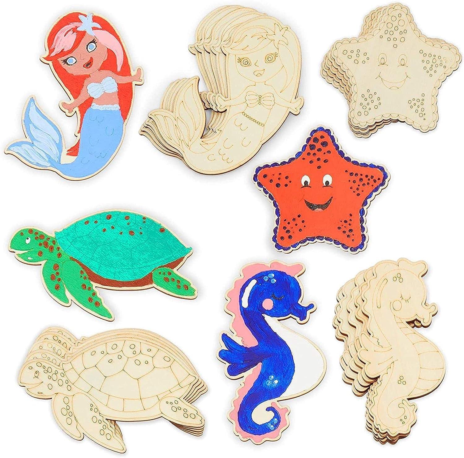 Haoser 24 Pieces Unfinished Sea Creatures Wood Cutouts for Crafts, Wooden Ocean Animals,Kids Art and Craft kit(Turtle, Seahorse, Starfish, Mermaid) Return Gifts for Kids - Haoser