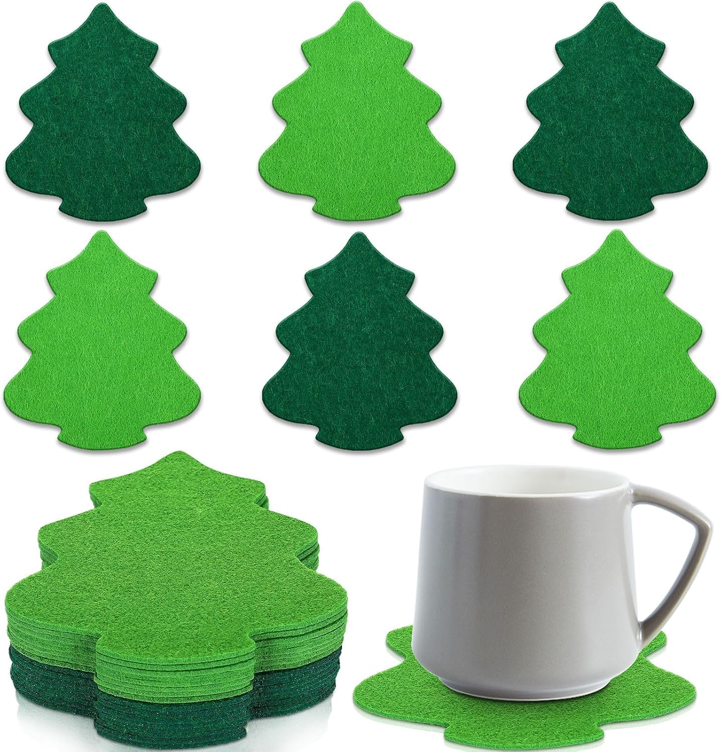16 Pcs Christmas Tree Felt Coasters – Green Holiday Drink Mats for Tea Coffee Cups, 4 Inch