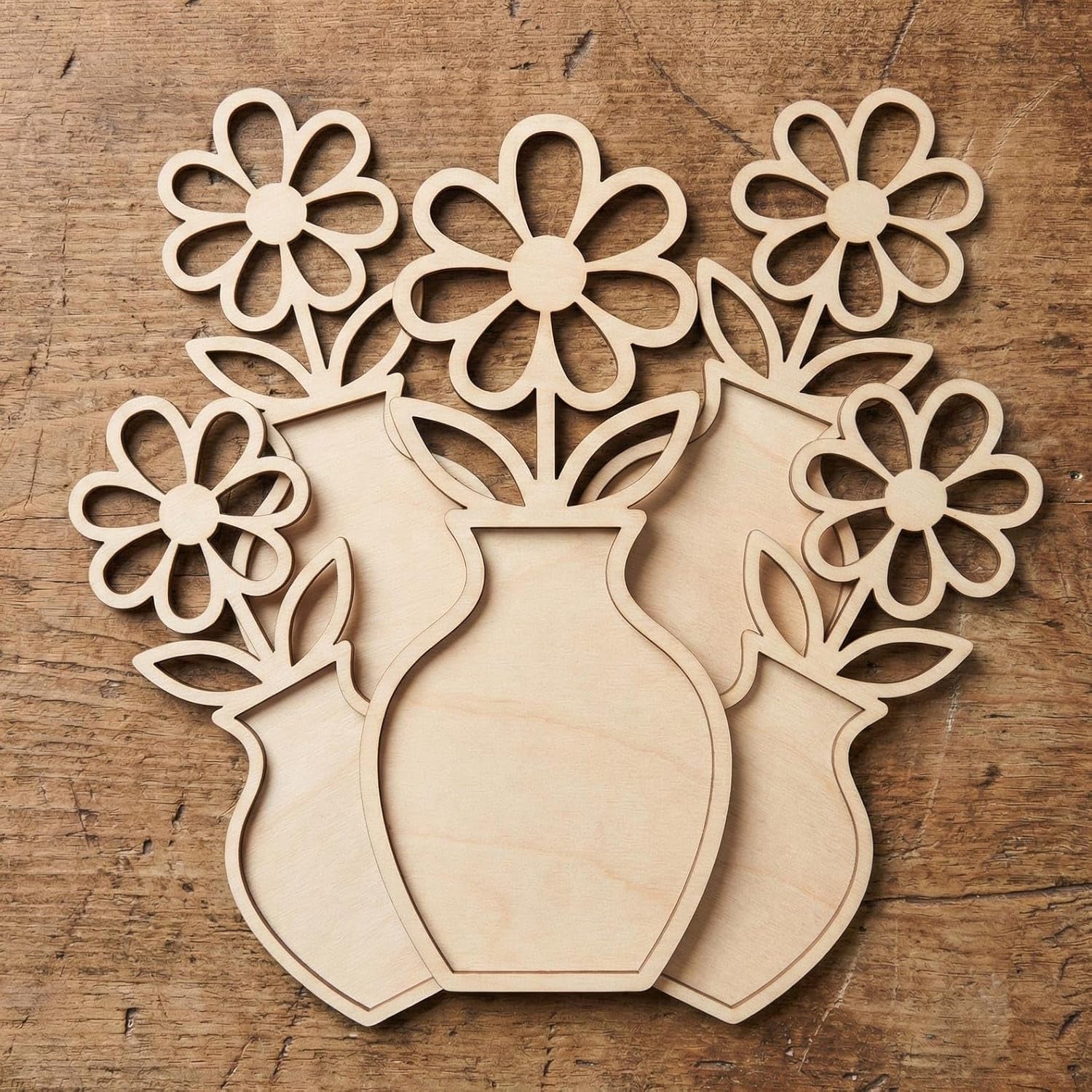 Wooden 5 Pcs Wooden Daisy Flower in Vase Craft Blank 4 Inch | MDF Floral Cutout | DIY Flower Craft Shape for Painting