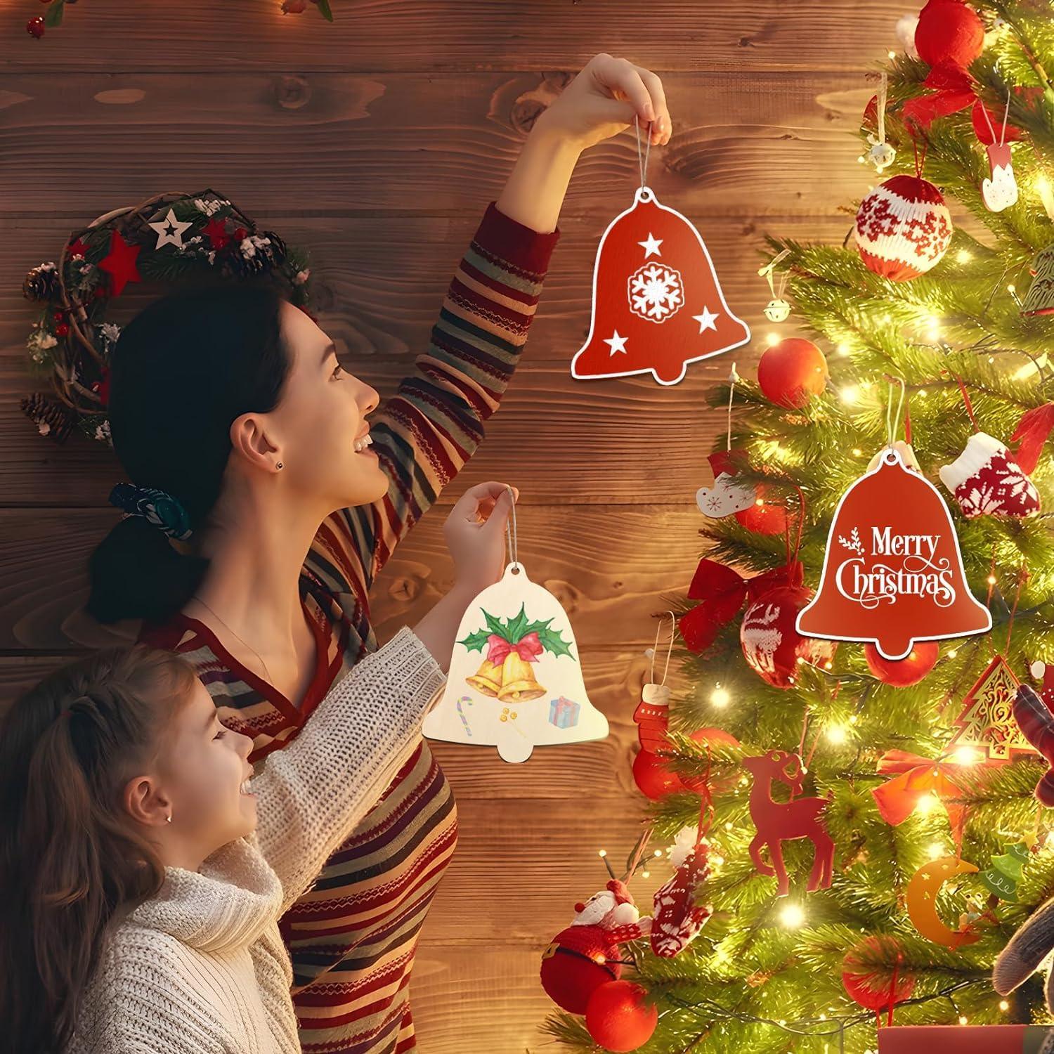 Curious Button 5 Pieces Unfinished Wooden 3Bell Style Hanging Ornament for DIY Home Decoration, MDF Cutouts, Perfect Wooden Cutouts for Home Decor, Charming Wooden Hanging Ornaments (6.1x5.7IN) - Haoser