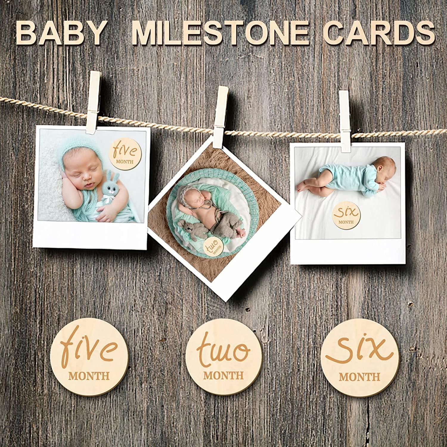 Haoser 12 PCS Wooden Baby Monthly Milestone - Milestone Photo Cards, 1-12 Months Wood Milestone Disc Set, Birth Announcement Sign for First Year Picture Props, 4 inch Diameter - Haoser