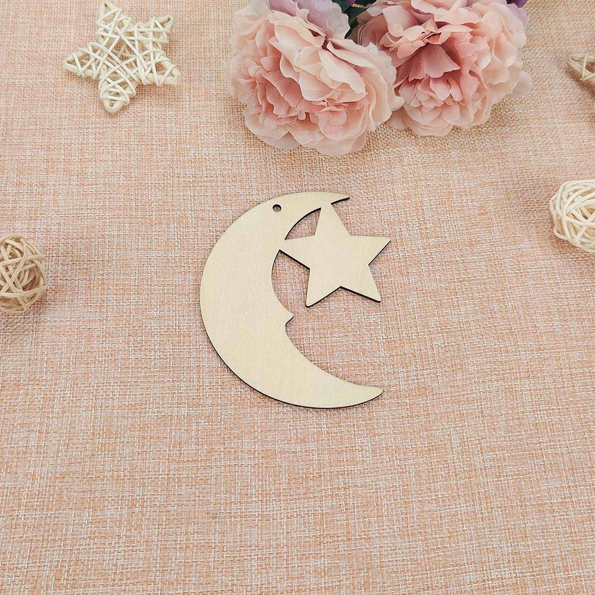 Haoser 10 Pack eid Moon décor,Stars and Moon Decoration, Wooden Moon Star Shaped Hanging Ornaments with Hole for Ramadan Decoration - Haoser