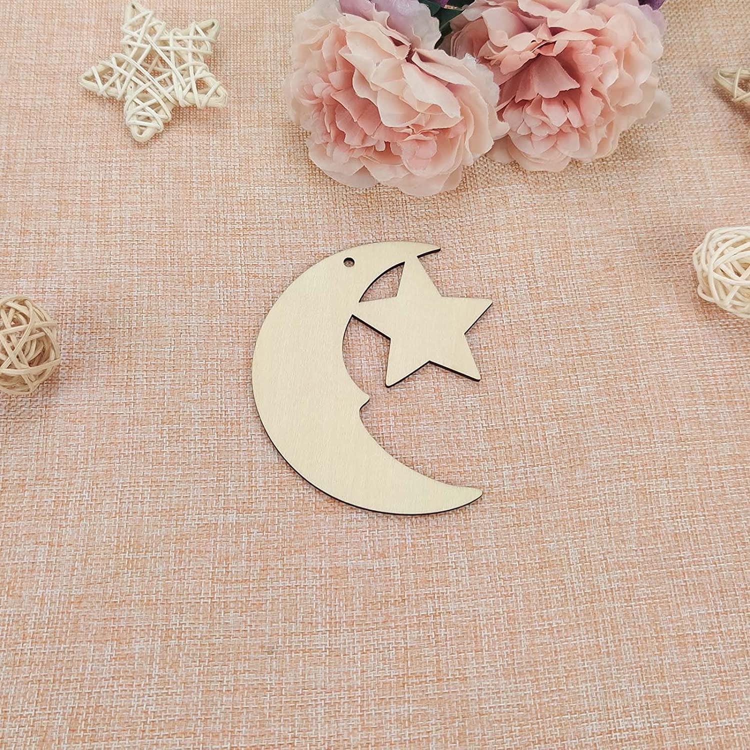 Haoser 10 Pack eid Moon d?cor,Stars and Moon Decoration, Wooden Moon Star Shaped Hanging Ornaments with Hole for Ramadan Decoration - Haoser