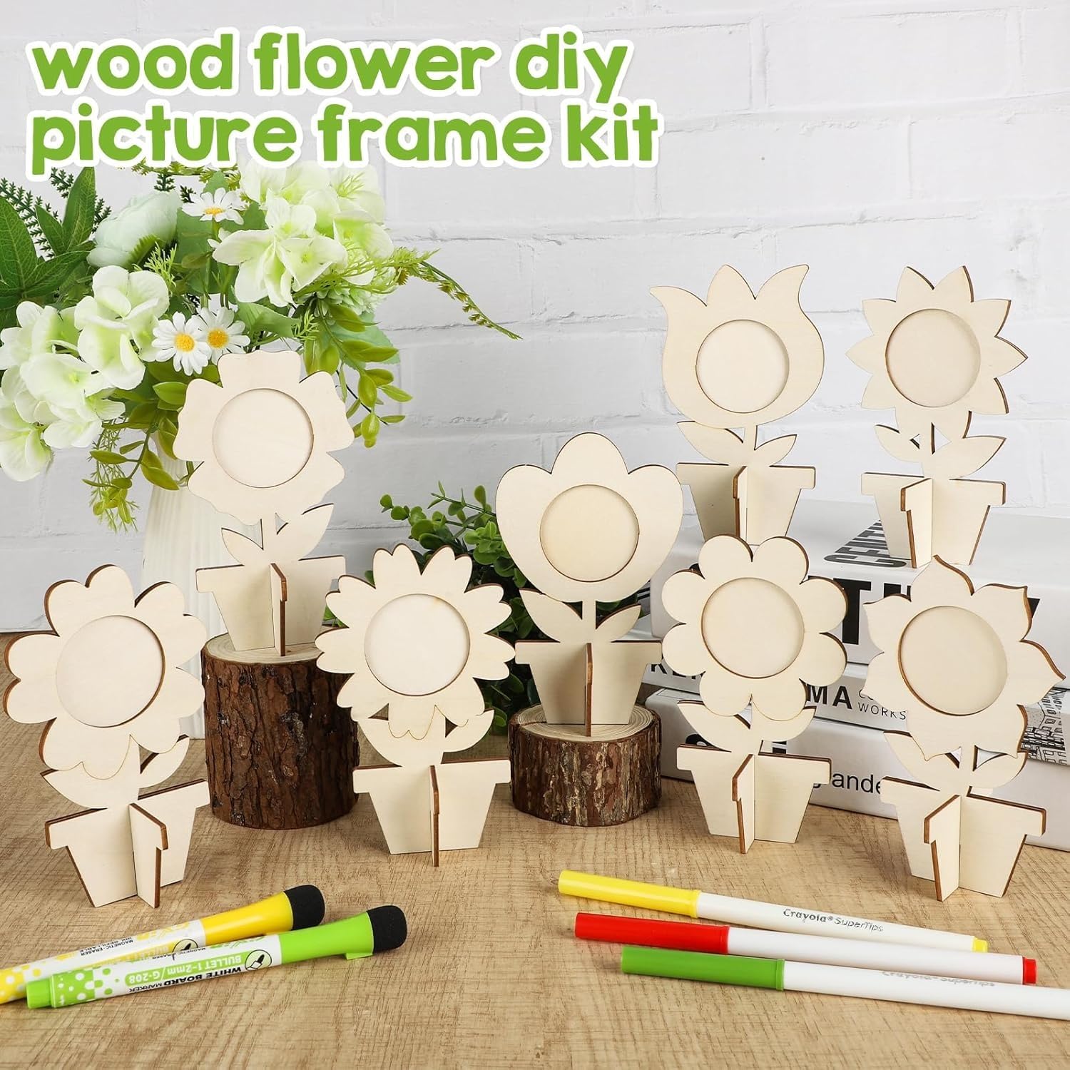 8 Pcs Wooden Flower Picture Frame Craft Kit | 3D Spring Flower Cutouts