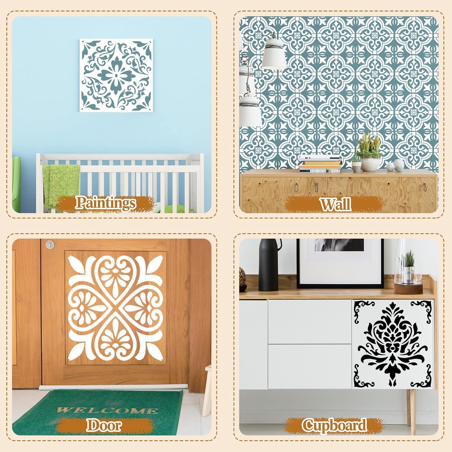 4 Pieces Reusable Plastic Tile Stencil Set 12x12 Inch | Flower Style Wall & Floor Stencils | DIY Craft, Scrapbook, Wood, Home Decor Templates