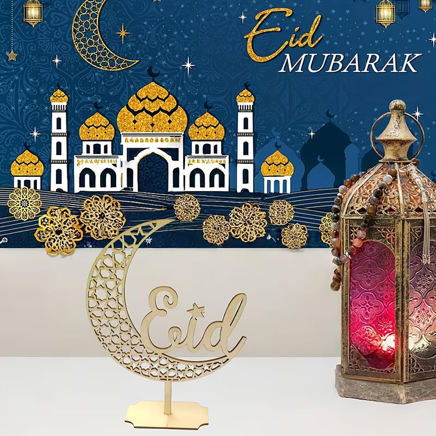 Eid Mubarak Wooden Crescent Moon Table Decor | Islamic Ramadan Eid al-Fitr Centerpiece | Freestanding Arabic Calligraphy Desktop Decoration