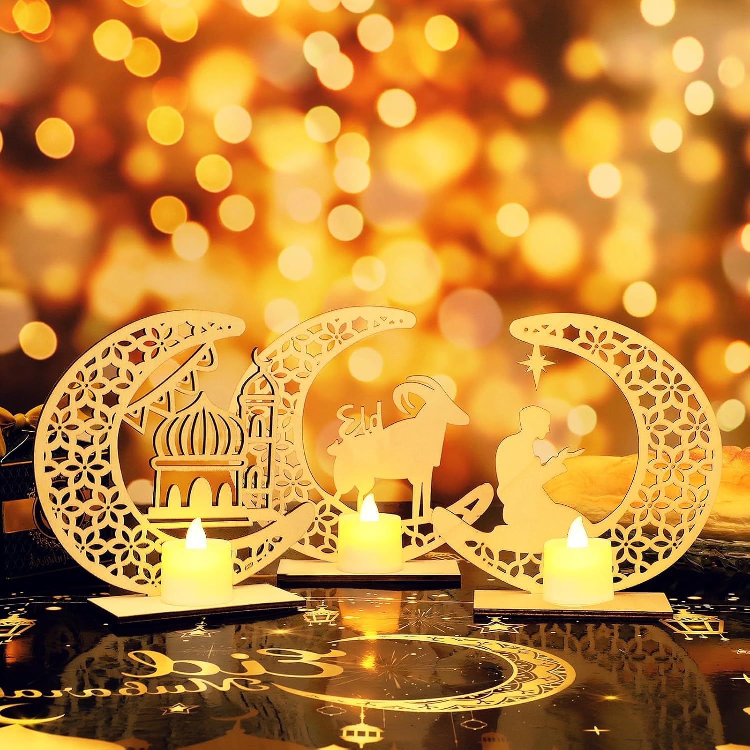 Eid Mubarak Wooden Ornaments – Ramadan Kareem 3D Hollow Moon & Star MDF Decor