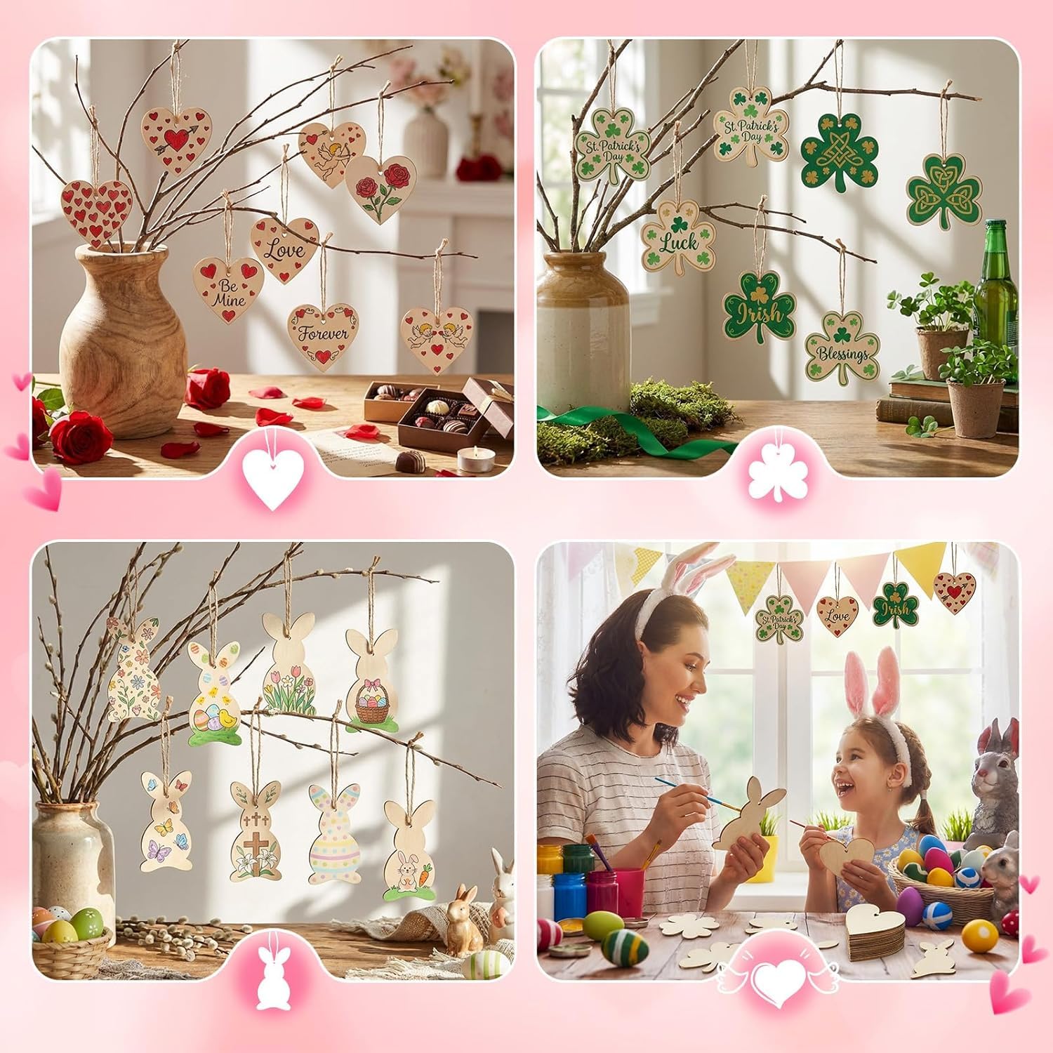12 Pcs Wooden Holiday Cutouts Set for DIY Painting – Shamrock, Bunny & Heart Ornaments