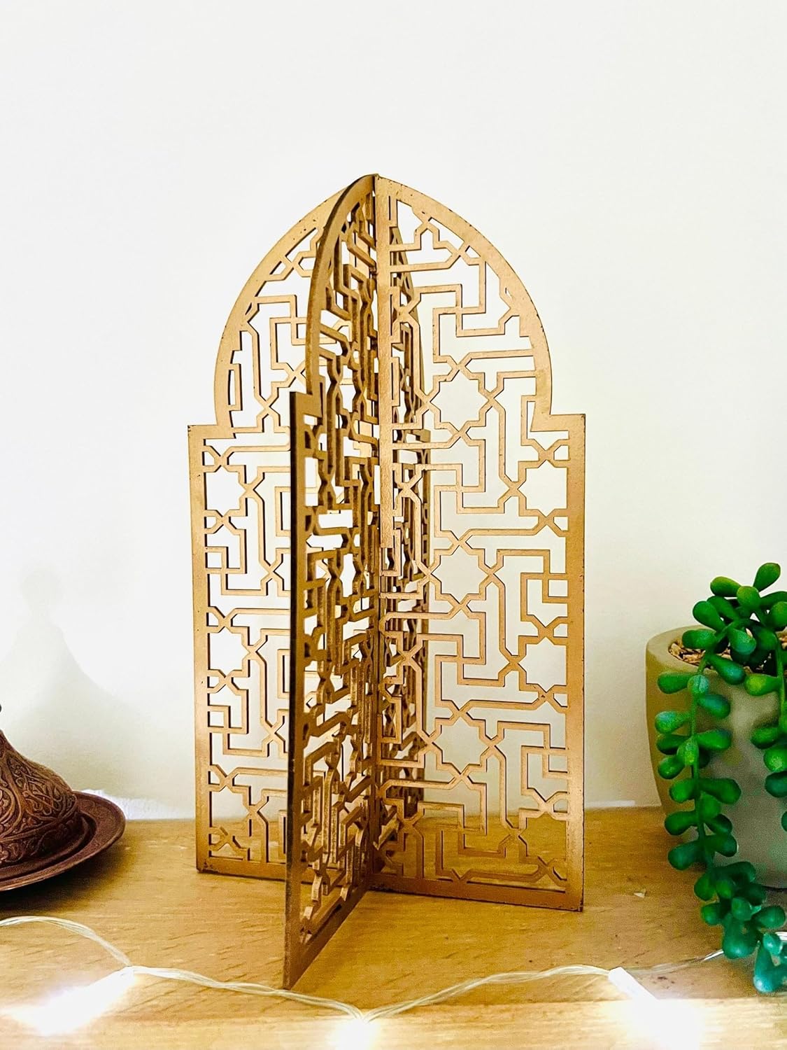 Wooden 3D Mosque Cutout, Gold Finish – Arabic Arch Masjid MDF Cutout