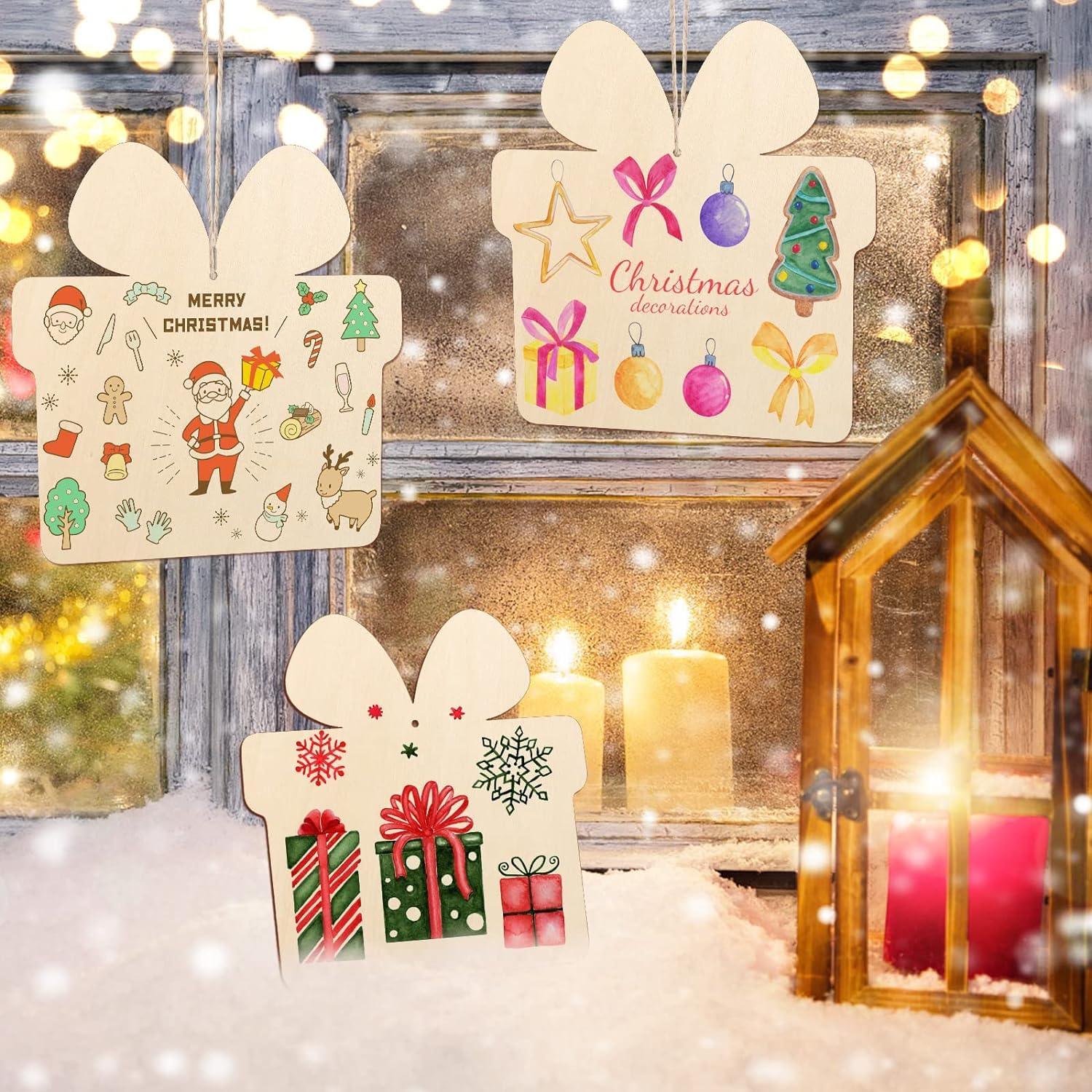 Curious Button 5 Pieces Unfinished Wooden Gift Style Hanging Ornament for DIY Home Decoration, MDF Cutouts, Perfect Wooden Cutouts for Home Decor, Charming Wooden Hanging Ornaments (7x7IN) - Haoser