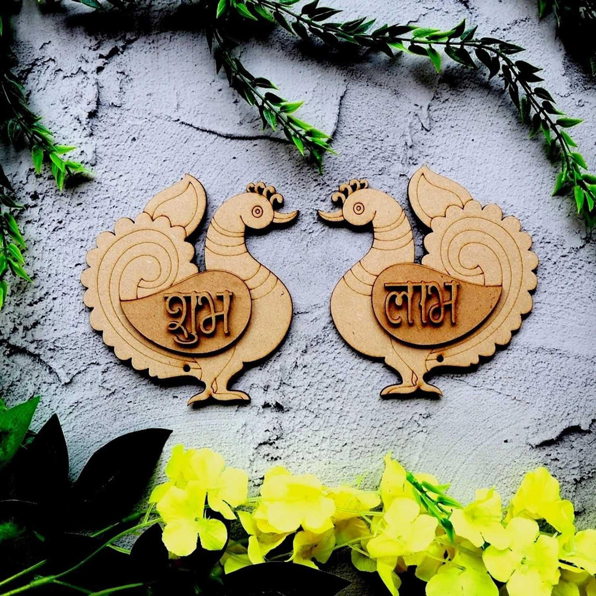 Haoser Peacock 3Style Shubh Labh for Home Decoration, Unfinished Wooden Shub Labh Cutouts for Diwali, Wedding, Parties, and Special Occasions, Wooden Shub Labh for Painting DIY Crafts - Haoser