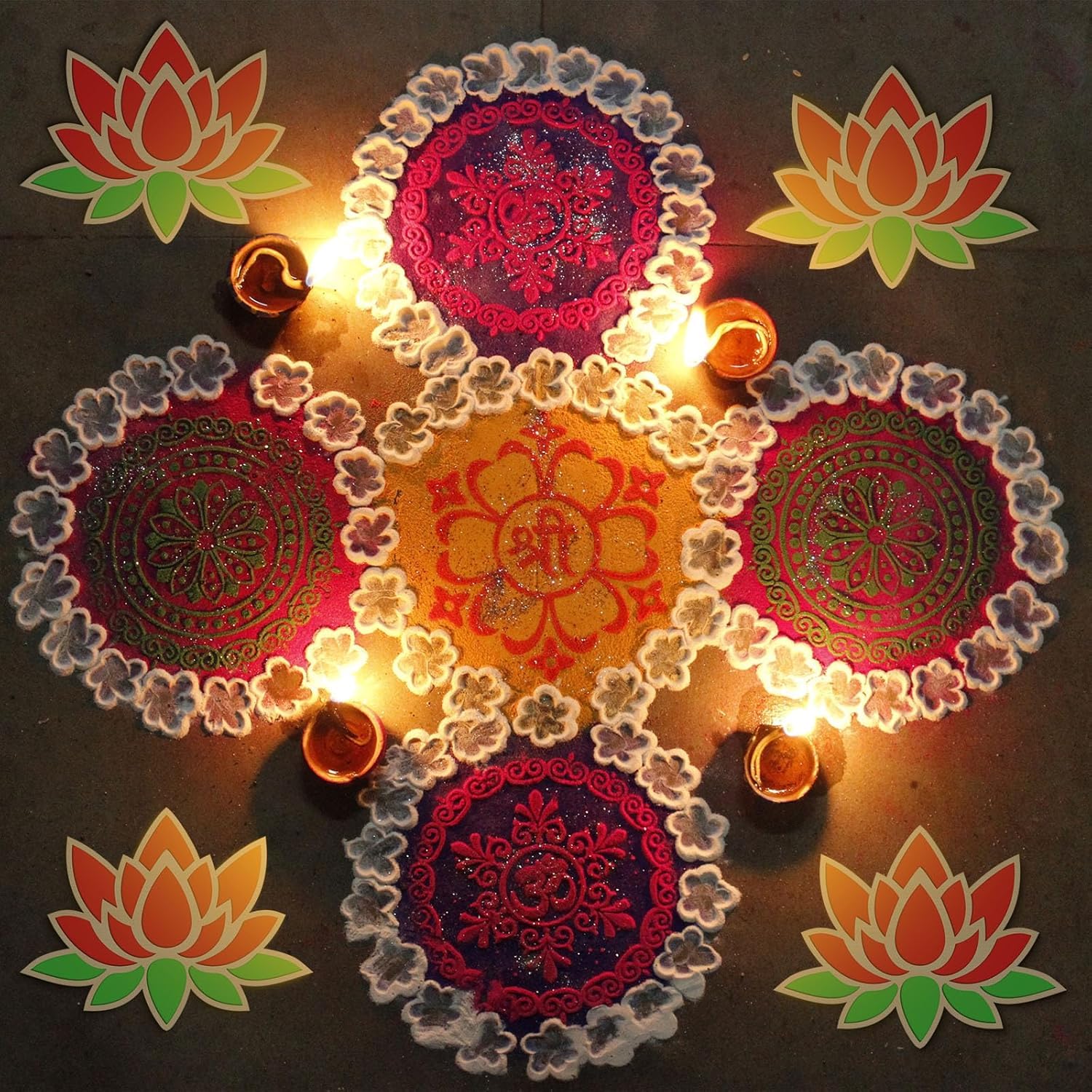 4 Pcs Wooden DIY Rangoli Stencils 11.8 Inch – Mandala, Lotus, Elephant, Peacock Templates for Diwali Decoration