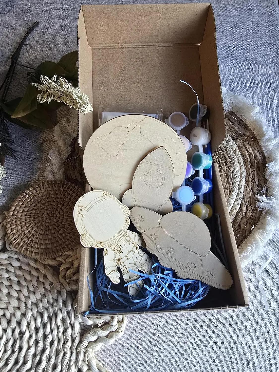 Pack of 4 DIY Astronaut Coloring Kit | Wooden Space Craft Paint Kit for Kids | Includes Astronaut, Earth, Spaceship Shapes, Acrylic Colors & Brush | Fun STEM Art Gift for Children (4 Inch)