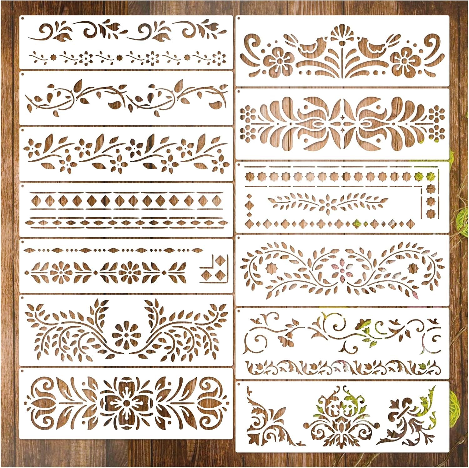 Pack of 13 Border Corner Stencils for Painting – 11.8x3 Inch Reusable Plastic Stencil Set