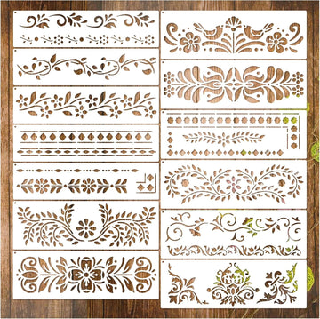 Pack of 13 Border Corner Stencils for Painting – 11.8x3 Inch Reusable Plastic Stencil Set