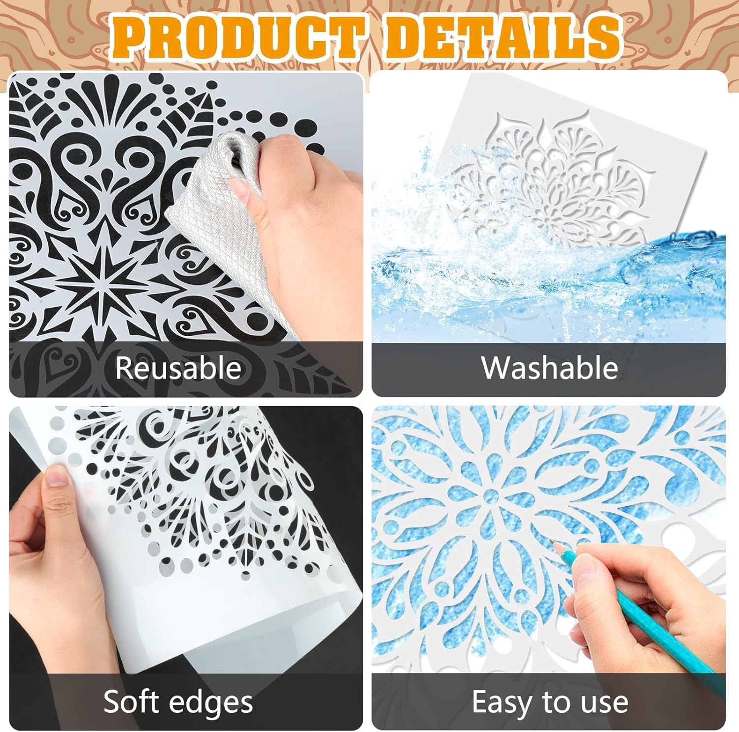 4 Pcs Large Mandala Stencils for Painting – Reusable Flower Art Templates for Spray Paint, Graffiti