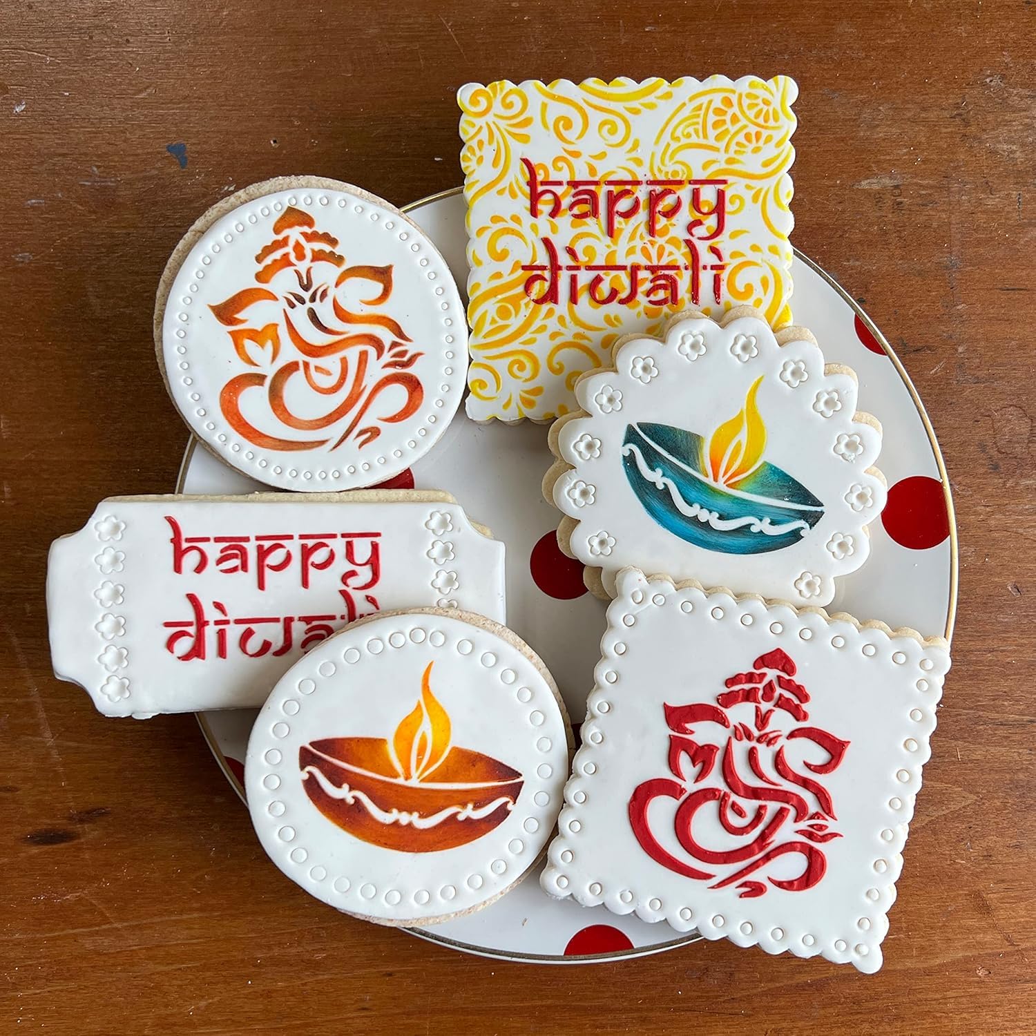 3 Pcs Diwali Cookie Stencil Set – Happy Diwali, Diya & Ganesha Design | Reusable
